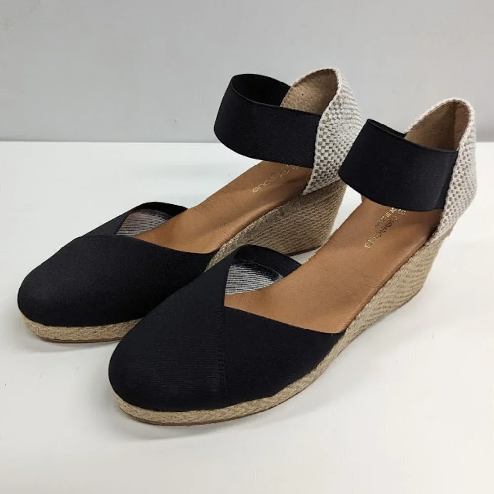 Andre Assous Black and Tan Espadrille Wedges